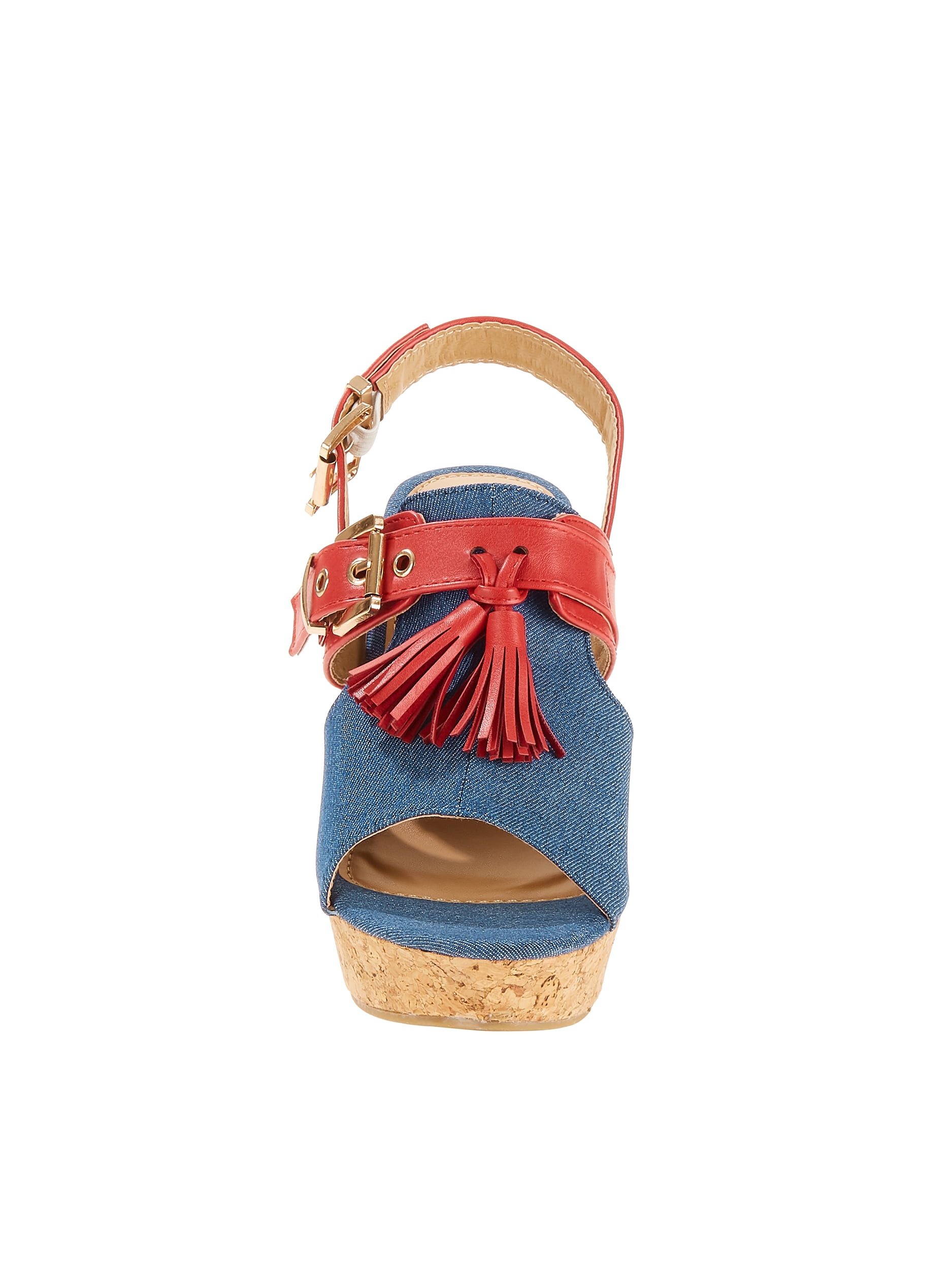 Forever Young Women's Denim Embellishment Wedges With Contrast Straps, Buckles and Tassels