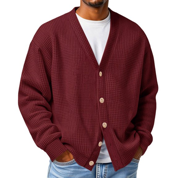 Fabrcox S-5XL Mens Waffle Knit Long Sleeve Cardigan Sweater Big and Tall V Neck Button Down Sweater Men Open Front Outdoor Men's Shirts Red XXXL