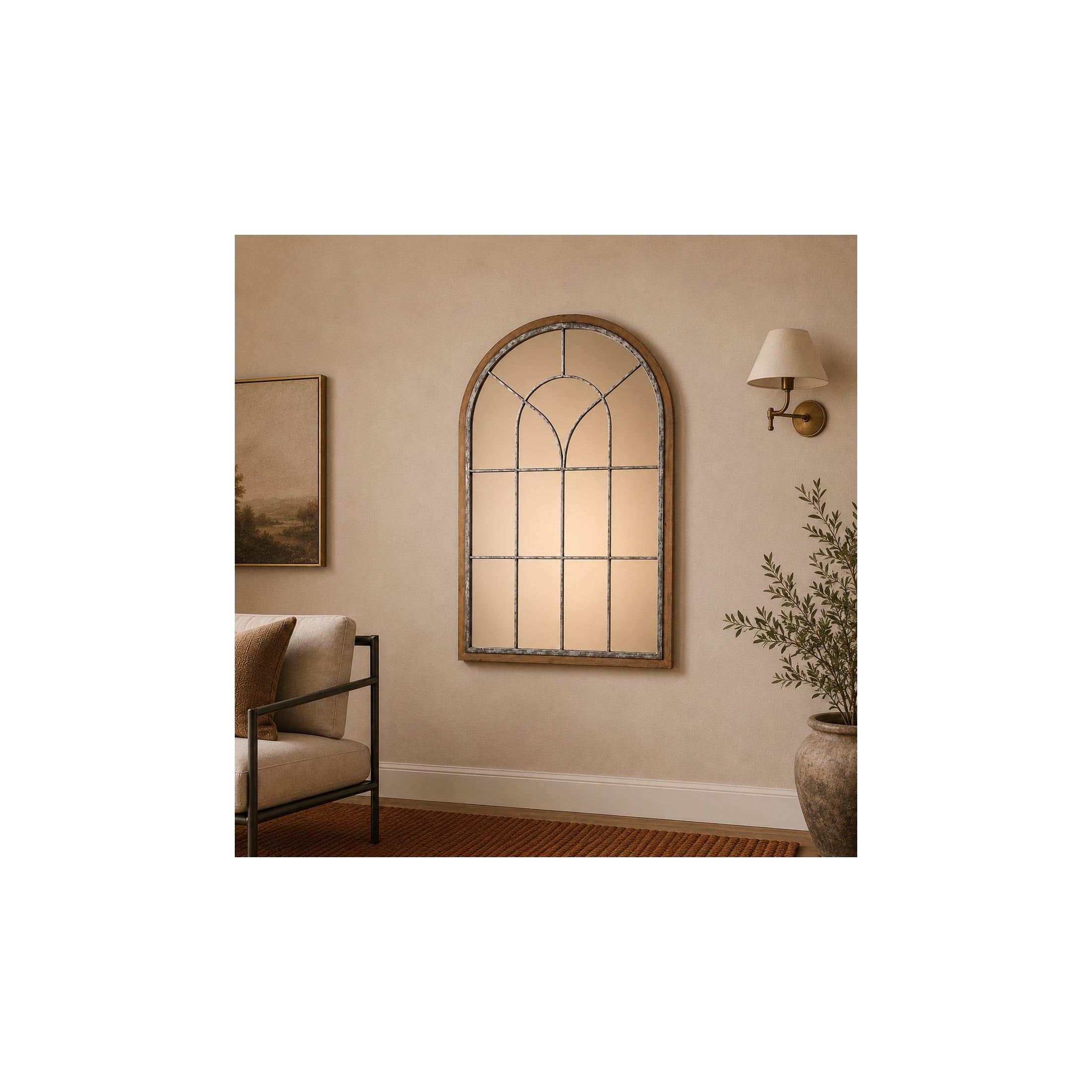 DecMode Farmhouse Glass Arched Window Pane Shape Wall Mirror with Distressed Brown/Whitewashed Finish, 33"W x 51"H