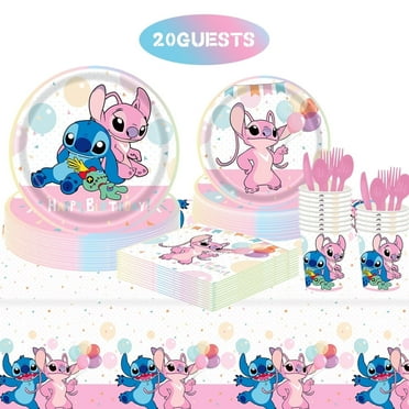 JMOCD 141Pcs Pink Stitch Party Supplies Set, Stitch Tableware Set, Cartoon Theme Birthday Decorations With Table Cover, Plates, Napkins, Cups,Cutlery,Serves 20 Guests