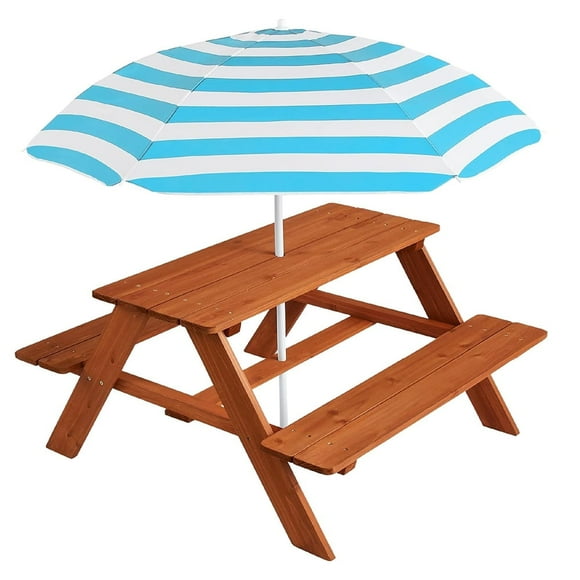 Kids Wooden Picnic Table, Outdoor Activity & Dining Table w/Adjustable Collapsible Umbrella, Built-in Seats - Aqua