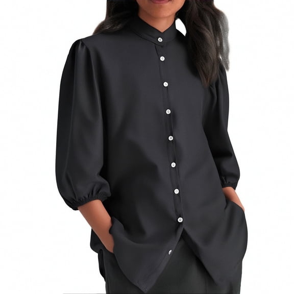 Jxximdong Button Down Shirts for Women, Summer Solid Color V Neck 3/4 Sleeve Shirts Casual Loose Fit Trendy Tops for Women, Black Women's Blouses