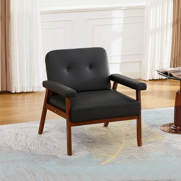 LAZZO Mid-Century Modern Accent Chair, Upholstered Leather Armchair for Living Room and Office, Black