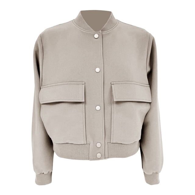 Chamarra George para Mujer, Bomber con Botones al Frente, Cuello Redondo Beige Talla M
