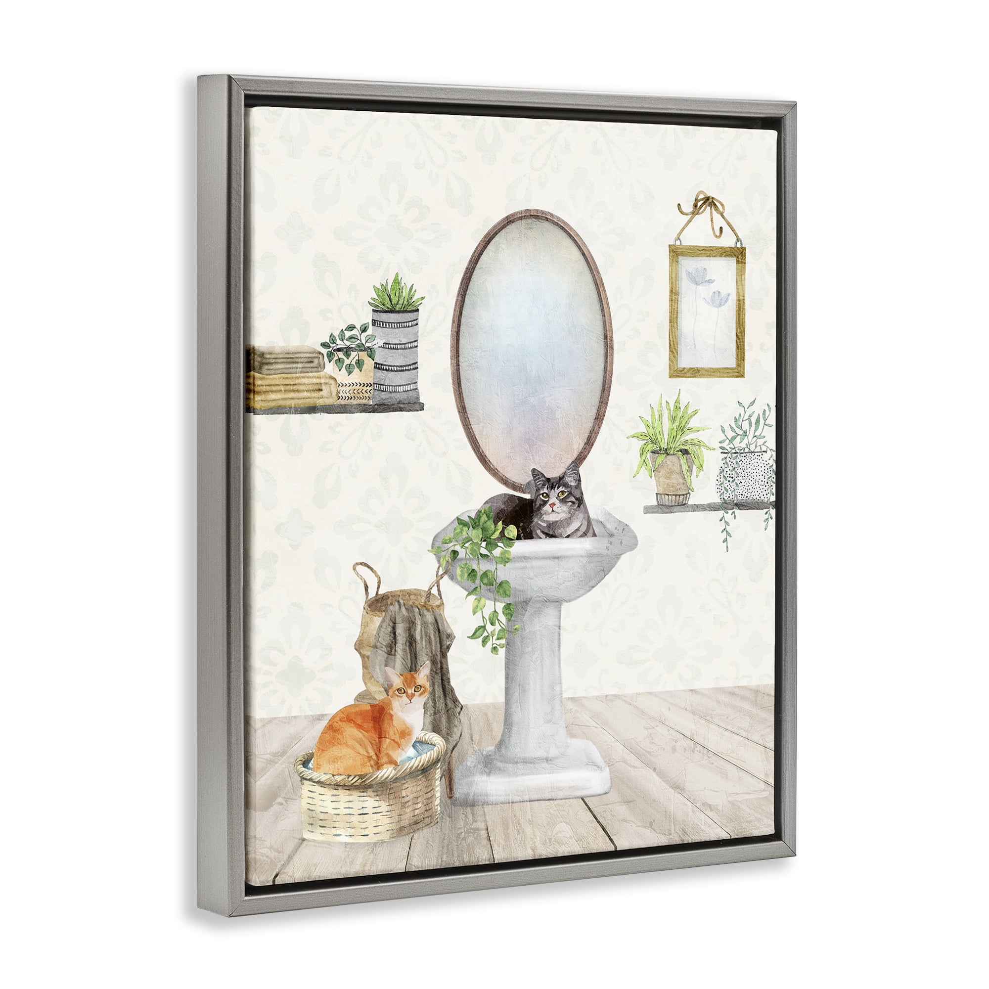 Stupell Industries Cats in Bathroom Scene Bath & Laundry Painting Gray Floater Framed Canvas Art Print Wall Art, 17 x 21