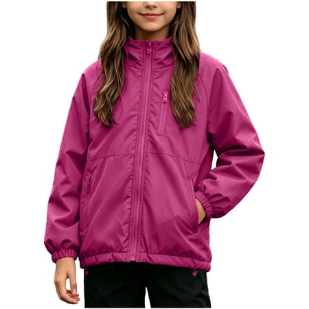 Hduncf Youth Boys Girls Rain Jacket Lightweight Long Sleeve Windbreaker Waterproof Kids Fall Hooded Raincoat With Zip Pockets Pink 5-6 Years
