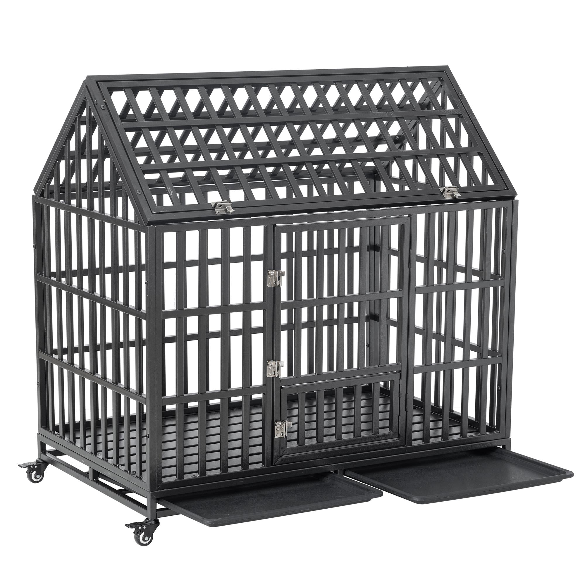 Pefilos 47" Heavy Duty Dog Crate Kennel with Window on Roof, Pet Cage Metal Playpen for Large Medium Dogs with 4 Lockable Wheels, Black Pefilos 47" Heavy Duty Dog Crate Kennel with Window on Roof, Pet Cage Metal Playpen for Large Medium Dogs with 4 Lockable Wheels, Black