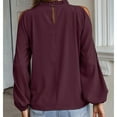 thumbnail image 4 of Blusa con cuello con volantes y hombros descubiertos, cuello redondo, manga larga, Top informal con volantes para otoño invierno, rojo vino L, 4 of 6