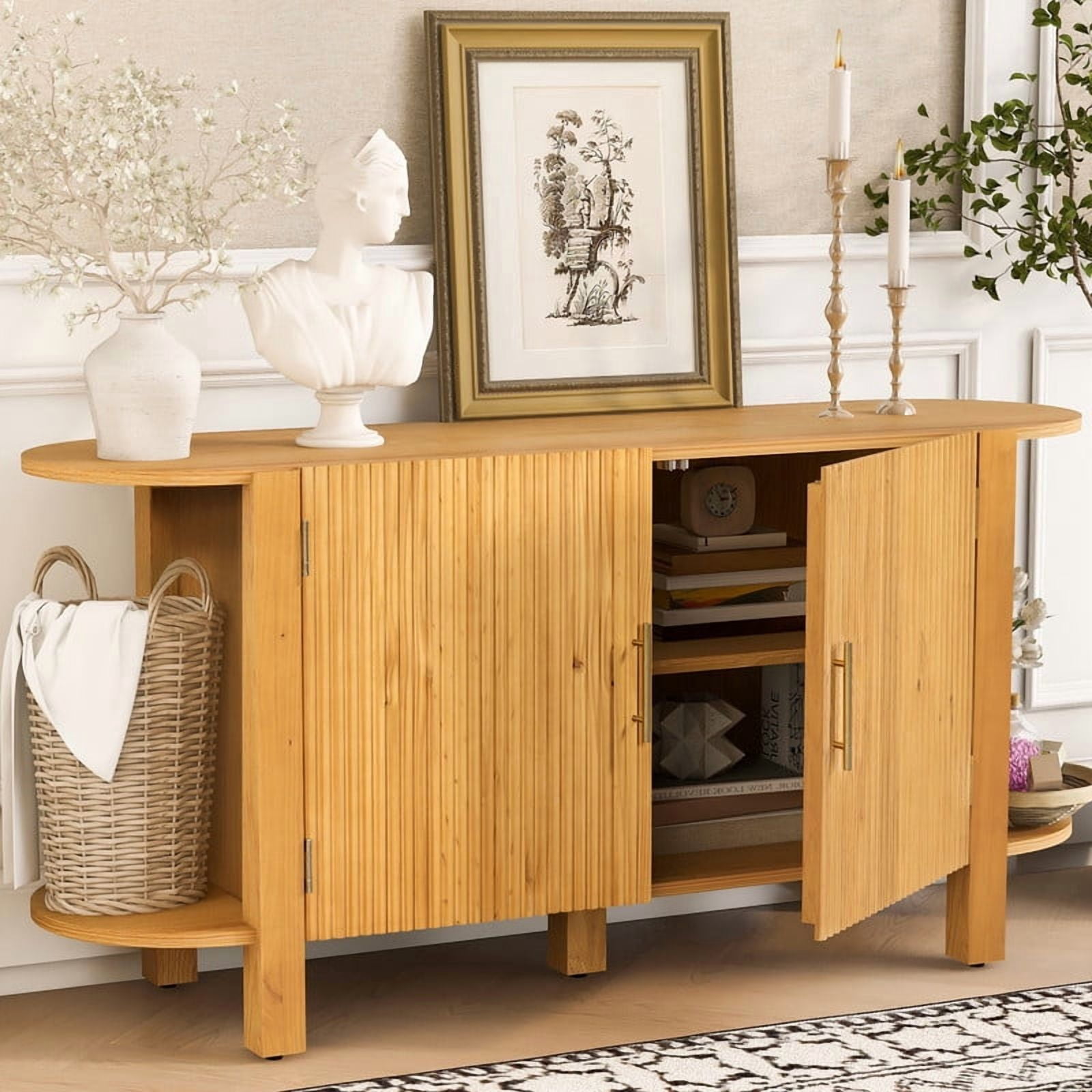 Accent Wavy Texture Buffet Table with Curved Extension Shelf, Mid-Century Modern Sideboard Storage Cabinet with Adjustable Shelf