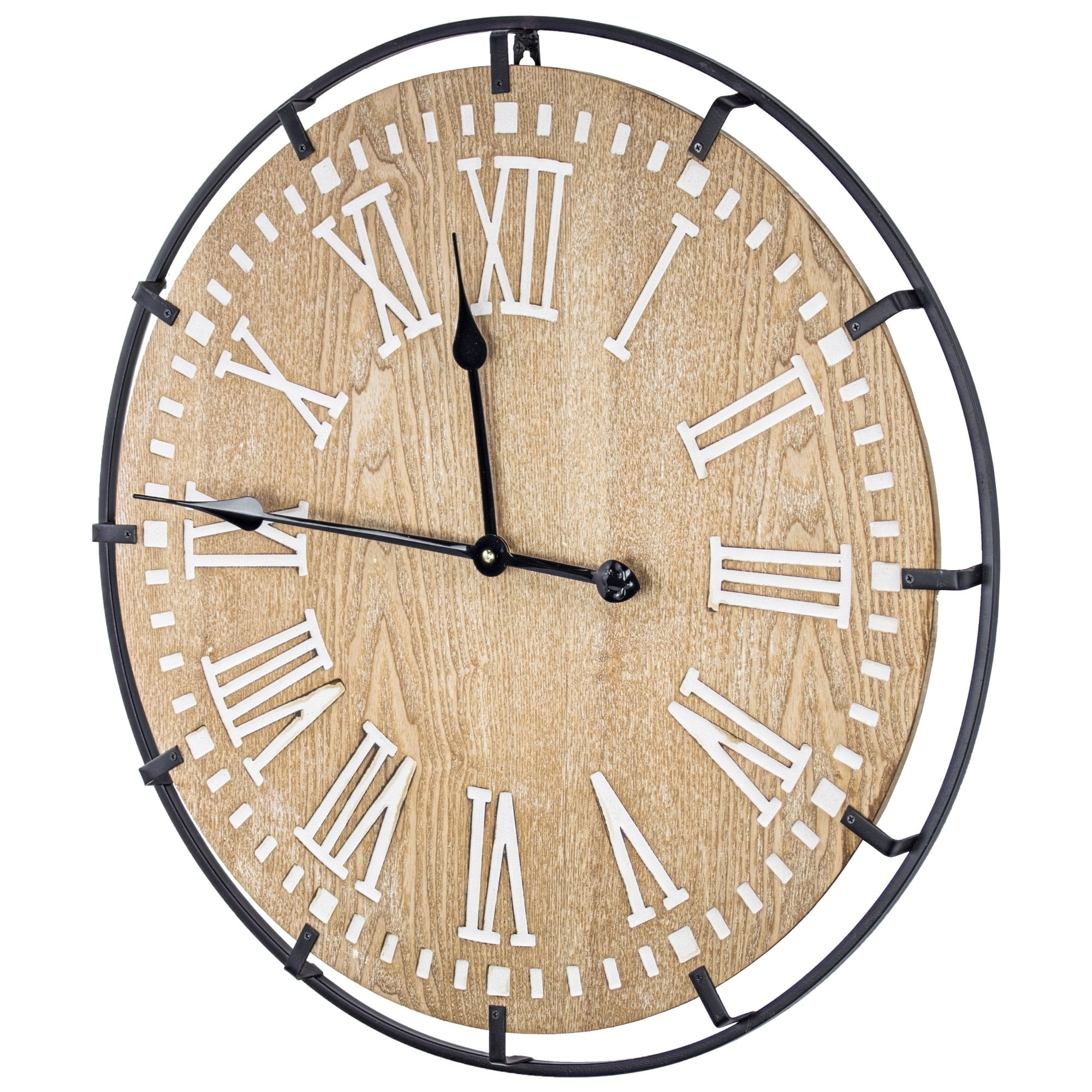 Rustic Whitewashed Wood and Metal Oversized Wall Clock 24"