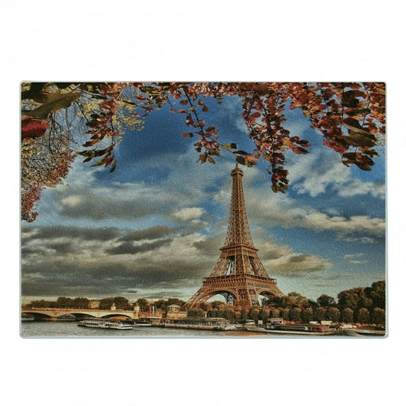 Eiffel Tower Cutting Board, Eiffel Tower Boat Seine Cloudscape Vacation Tourist Destination, Decorative Tempered Glass Cutting and Serving Board, Small Size, Dark Orange Cinnamon, by Ambesonne