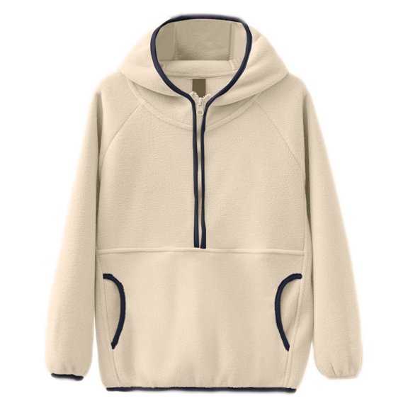 SGMVNU Girl's Hoodie Pullover Oversized Over 15 Years Half Zipper Hoodies with Pockets Teen Girls Sweatshirts Fluffy Outerwear Warm Coats with Pockets Beige