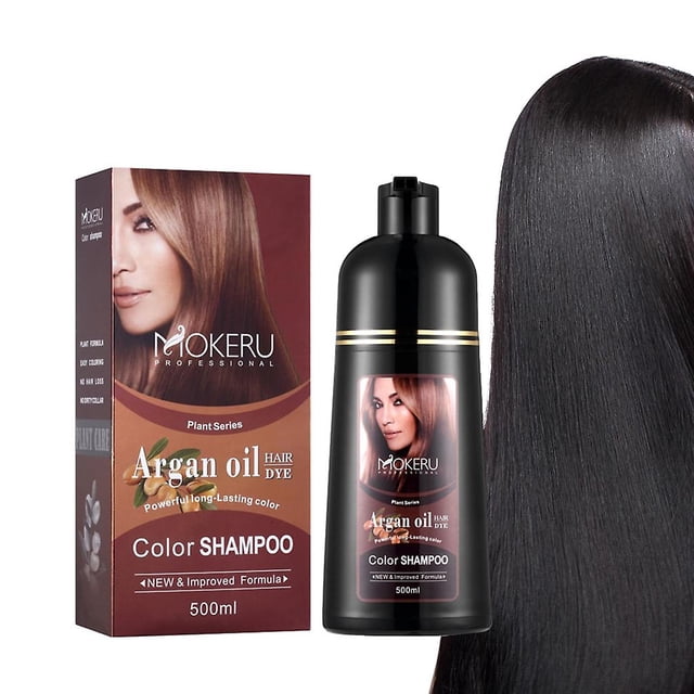 instant hair color shampoo for gray hair coverage hair dye shampoo in minutes Botella negra de 500 ml con etiqueta 'Argan oil Color SHAMPOO' y caja a juego, vista frontal junto a muestra de cabello largo y brillante color negro; uso en casa para cubrir canas con aplicación sobre cabello mojado y dejar 15–20 minutos antes de enjuagar, a menudo usado también para retoques de raíces.