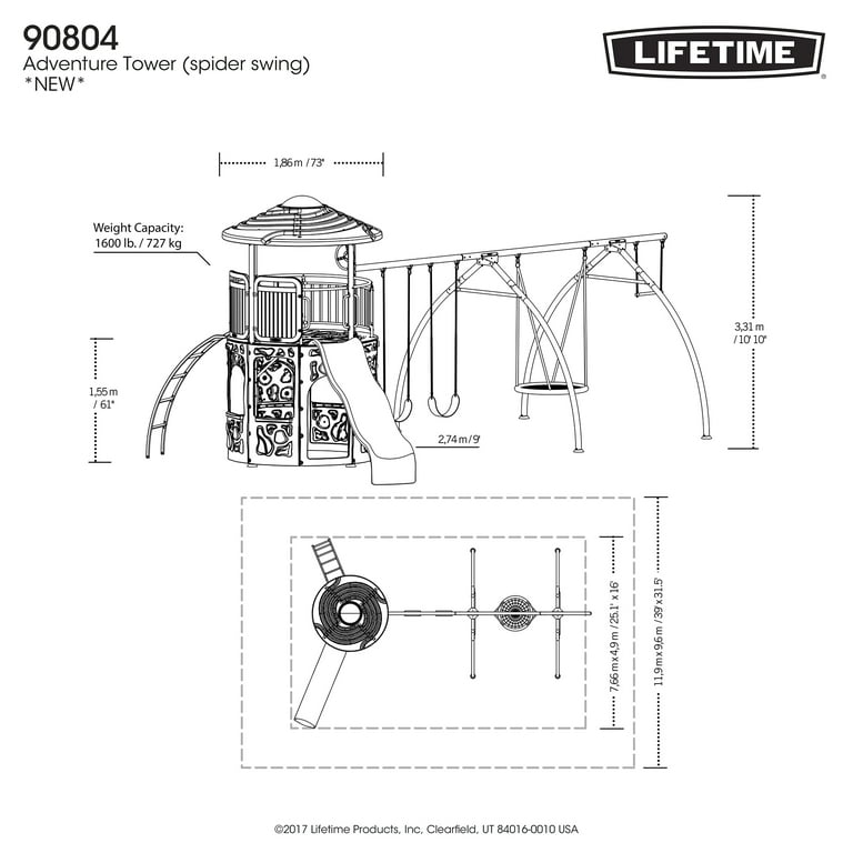 Lifetime Kid s Adventure Tower Swing Set with Spider Swing Slide and Climbing Wall 91201