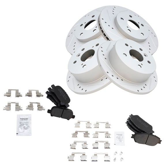 TRQ Front and Rear Performance Brake Pad & Rotor Kit Brake Pads Brake Rotors Set Semi-Metallic Premium G-Coated Fits Select 2005-2007 Toyota Avalon 2005-2006 Camry 2004-2008 Solara