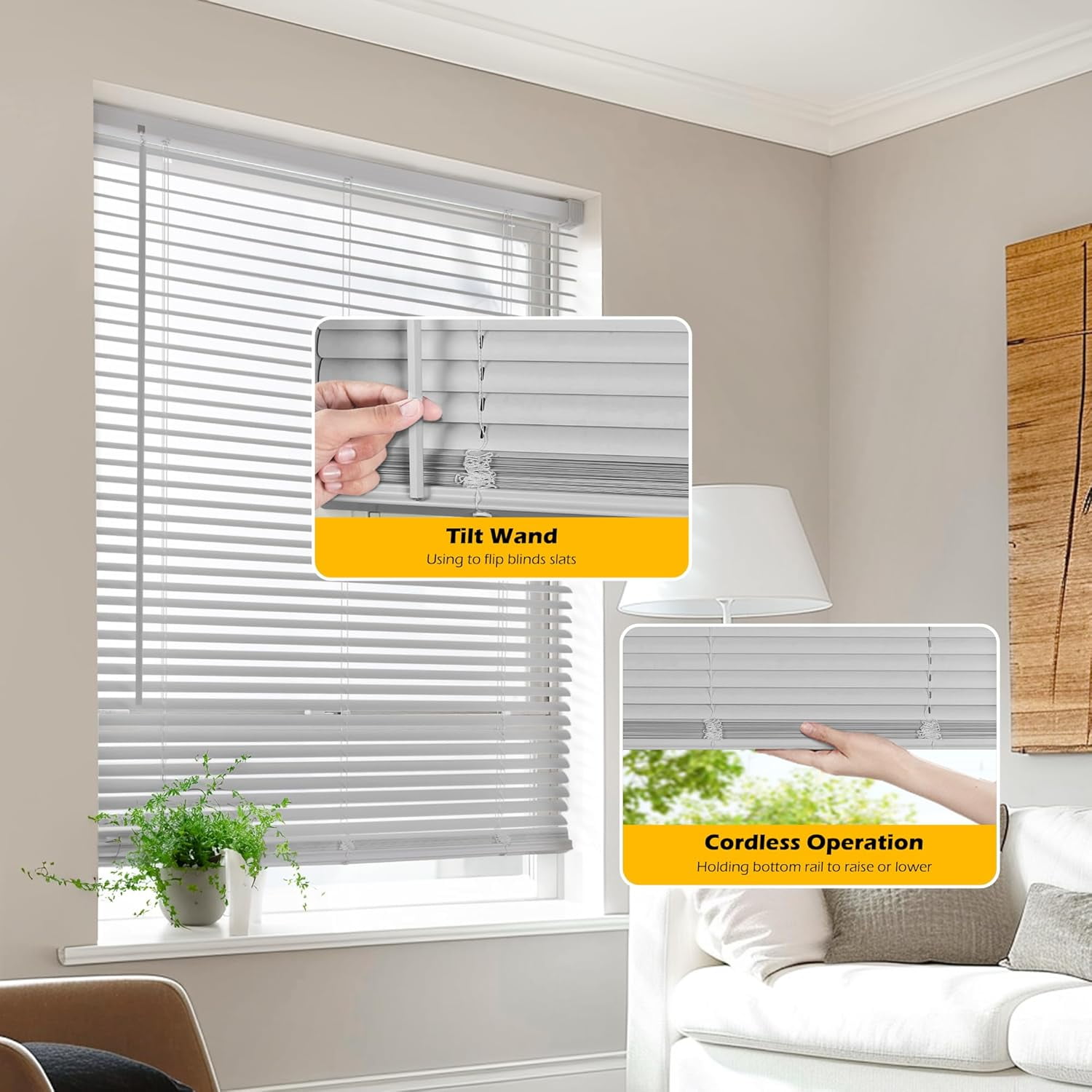 LazBlinds Cordless 1" Vinyl Horizontal Mini Blinds, Light Filtering Blinds for Windows, Blinds and Shades for Windows Size 47" W x 64" H, Grey
