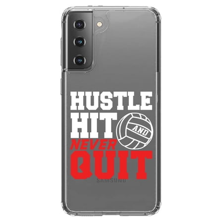 DistinctInk Clear Hybrid Case for Samsung Galaxy S21 Plus (6.7 Screen) - Hustle Hit Never Quit Volleyball - Tempered Glass Back