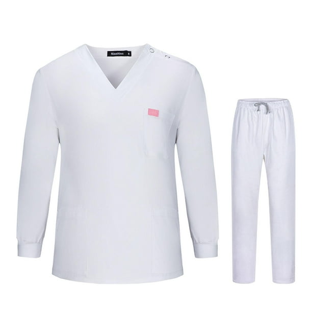 Conjuntos de uniforme de enfermera, ropa de trabajo con cuello en V, top y pantalones de uniforme de trabajo para Blanco