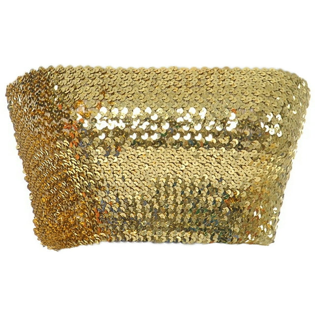 Womens Shiny Sequin Party Cropped Strapless Bandeau Stretch Tube Top