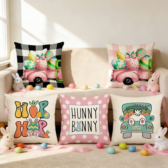 Pillow Covers 18x18, Easter Decorations Bunny Throw Pillow Covers, Holiday Themed Cushion Cover for Spring Decor Bedroom Couch, Multicolor