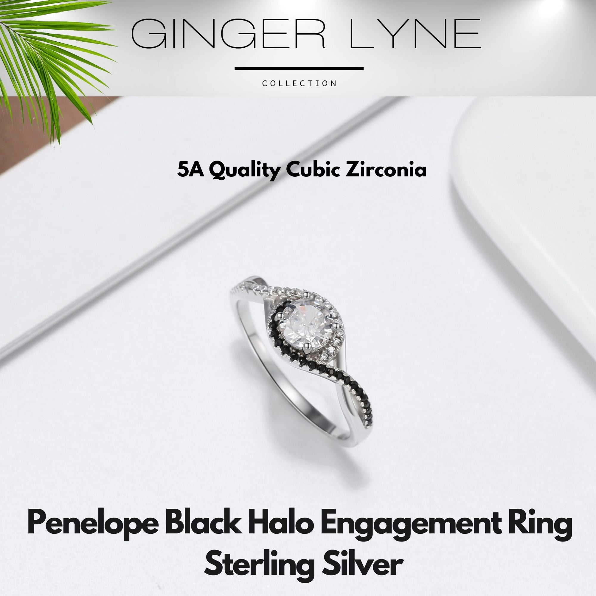 Penelope Black Halo Engagement Ring for Women Sterling Silver Wedding Ring Ginger Lyne Collection