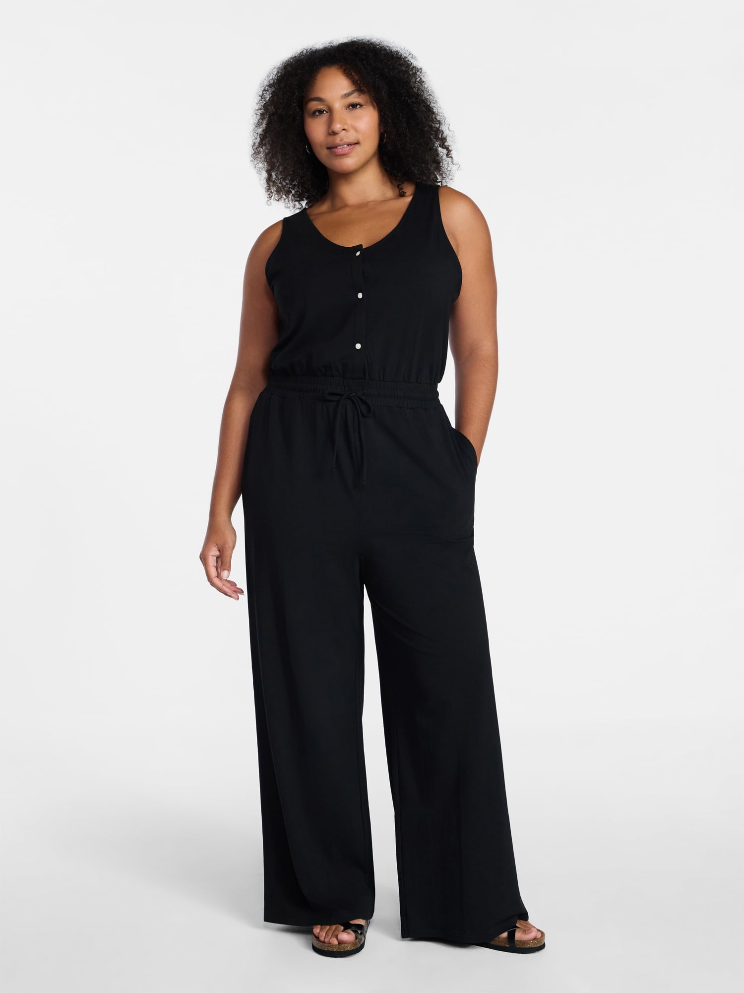 Time and Tru Women's Sleeveless Button Front Jumpsuit, Sizes XS-XXXL