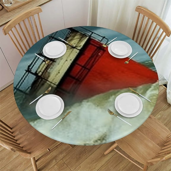 HAOXIT Decorative Round Table Cloths Buildings Sea Beach Lighthouse Tablecloth Table Cover for Dining/BBQ/Picnic/Coffee Table 31-35