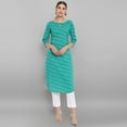 thumbnail image 3 of Janasya Indian Keyhole Neck Roll-up Sleeve Leheriya Sea Green Cotton Kurta For Women, 3 of 7