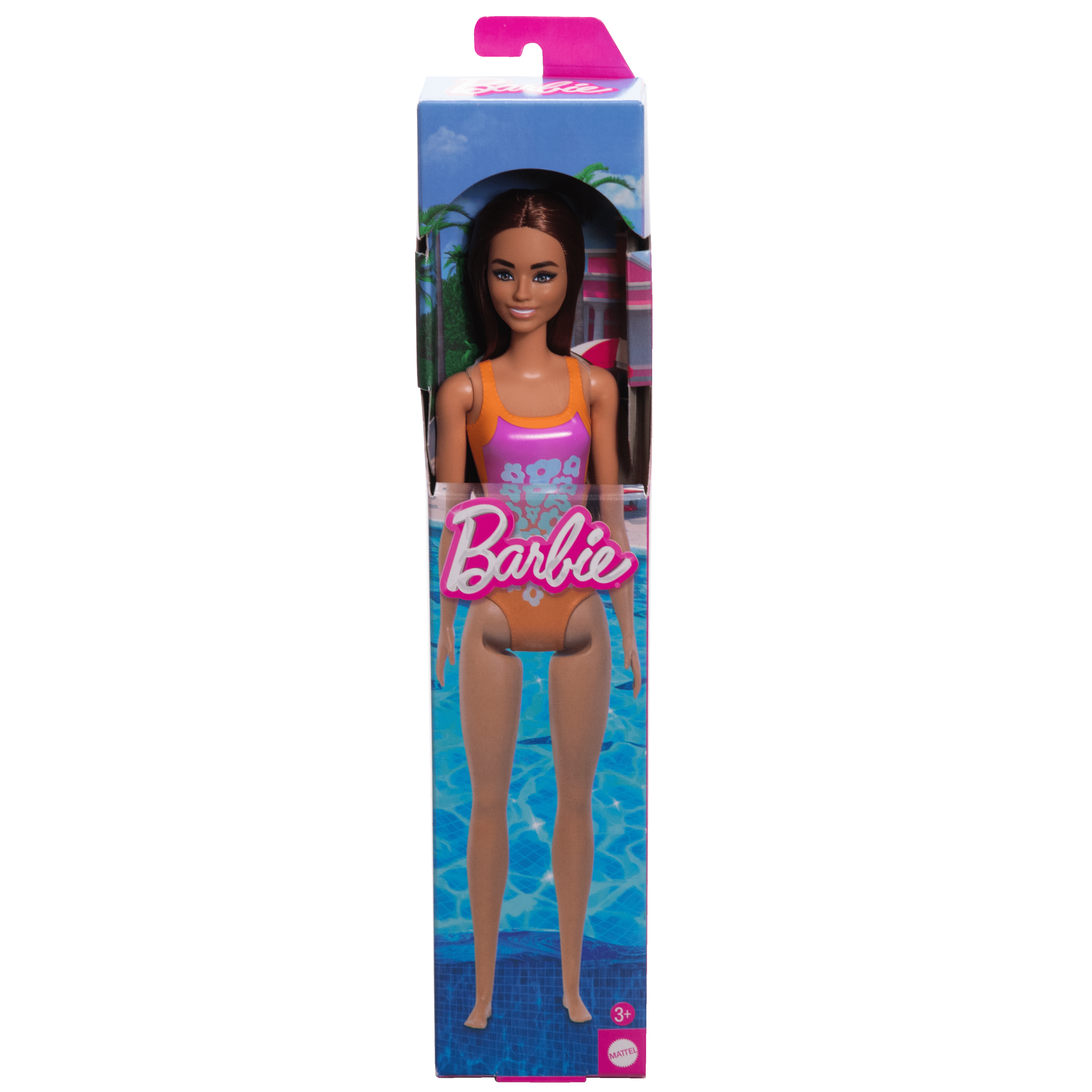 Beach Barbie Doll with Light Brown Hair Wearing Tropical Pink and Orange Swimsuit, Ages 3+