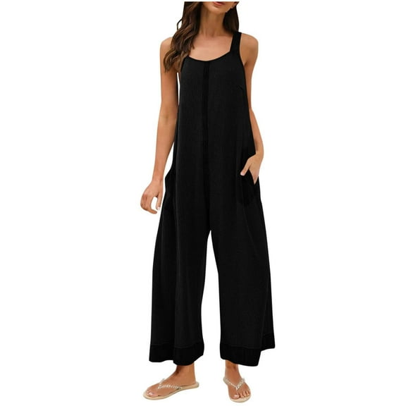 CheerKidz Womens Sleeveless Overalls Jumpsuit Wide Leg Adjustable Straps Double Pocket Solid Color Fashion Street Style(Black,L)