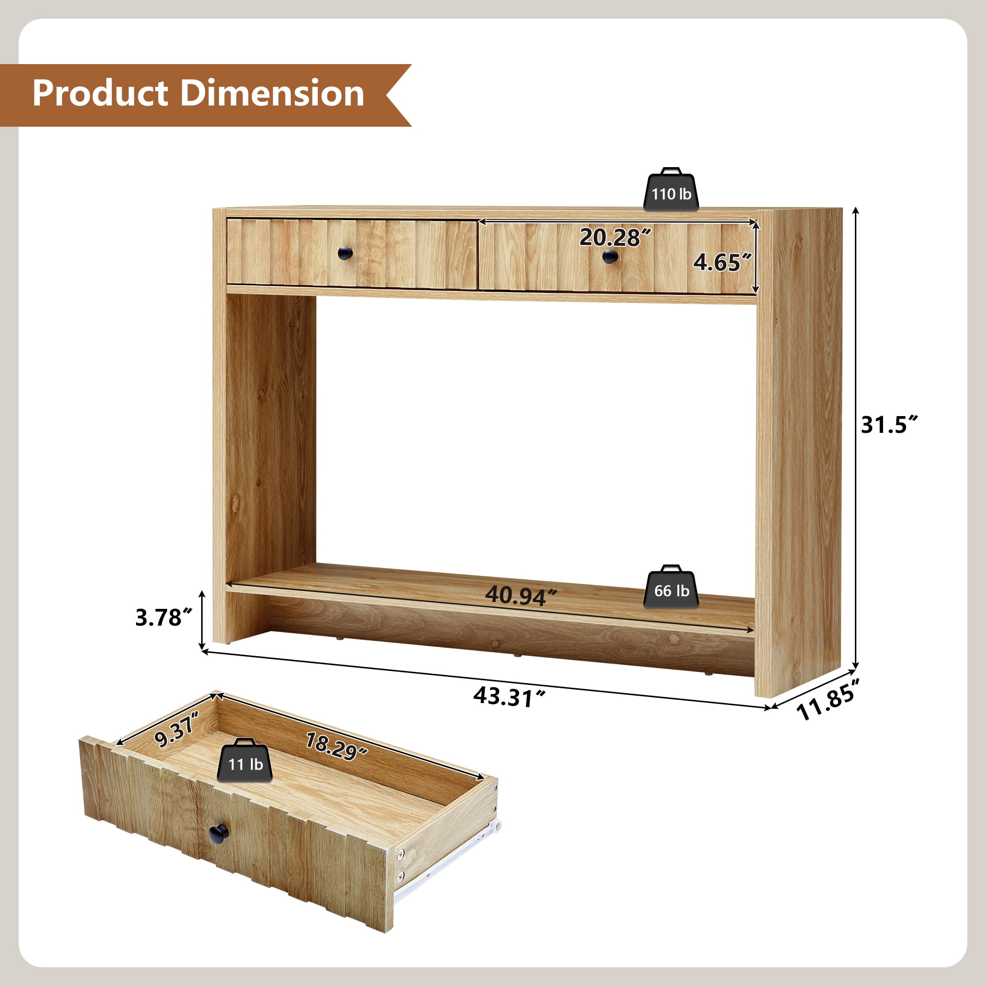 PHOYAL Fluted Console Table with Drawer and Open Storage Shelves, Narrow Sofa Table Entryway Table for Living Room Hallway Bedroom, Natural