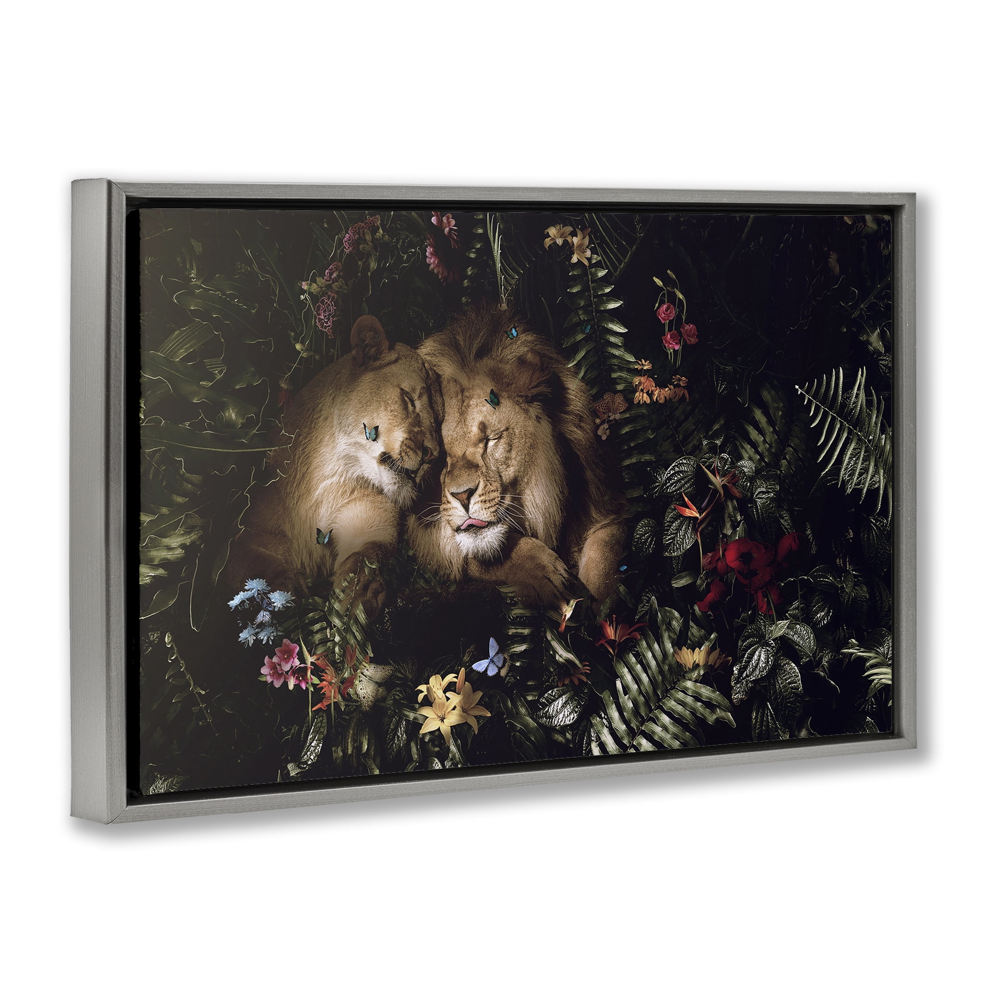 Stupell Industries Cuddling Lions Among Leaves Plants & Flowers Painting Gray Floater Framed Canvas Art Print Wall Art, 31 x 21