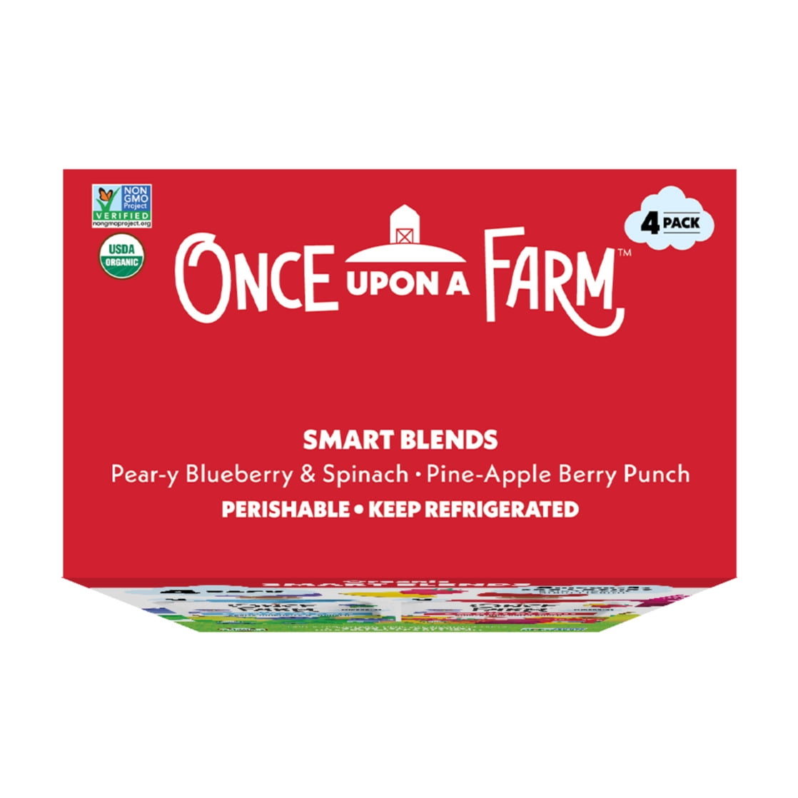 Once Upon a Farm Organic Refrigerated Baby Food Smart Blend Pear-y Blueberry & Spinach/Pine-Apple Berry Punch Variety Pack, 3.2oz Pouch (4 Pack)