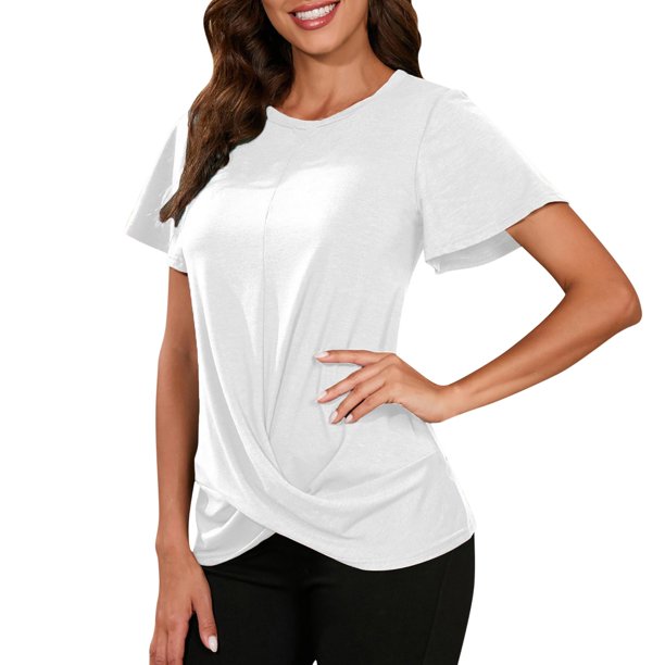 Gibobby Playera de Manga Corta Casual Suave Camiseta manga corta anudada Color sólido con cuello redondo estación independiente para mujeres europeas y(Blanco,XL)