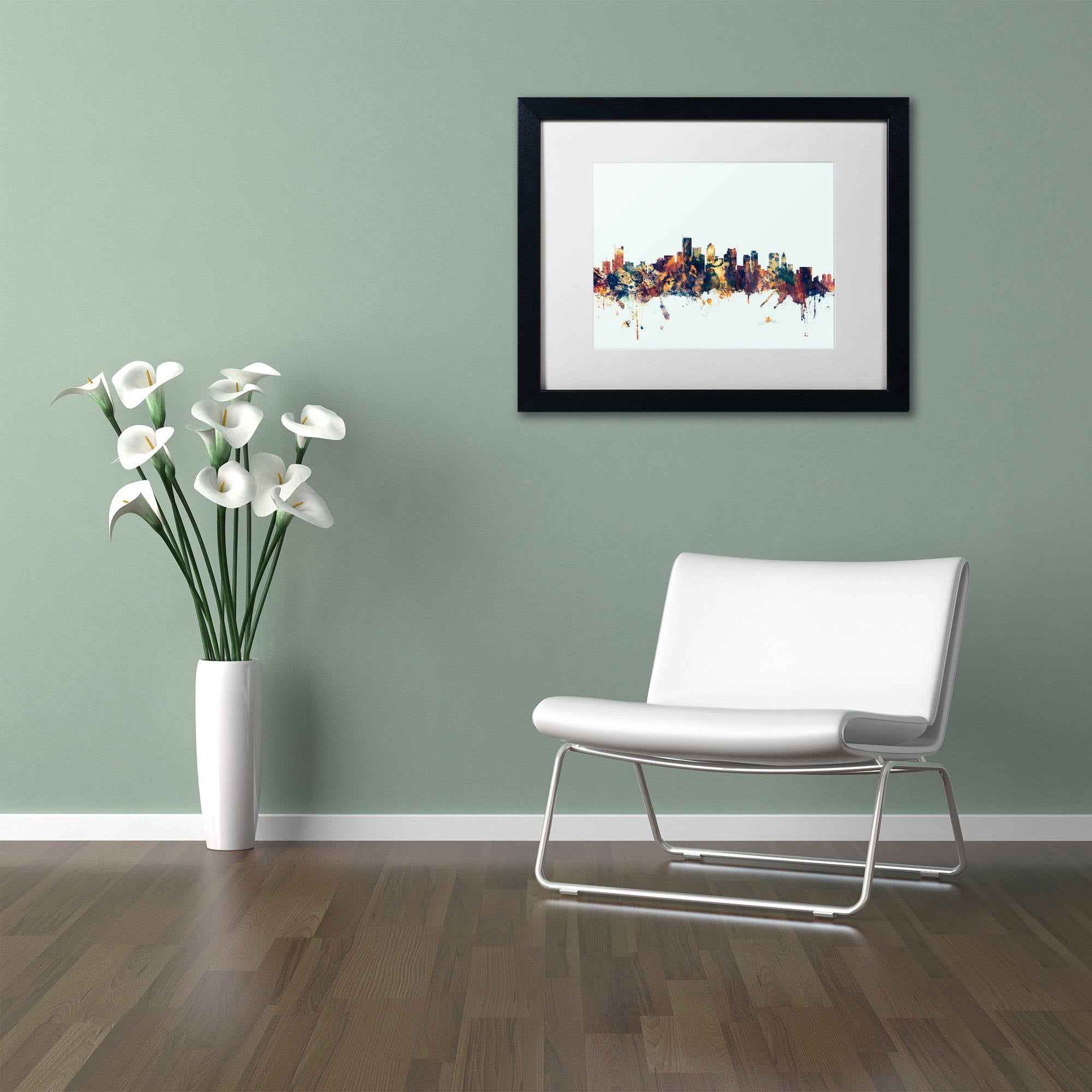 Trademark Fine Art "Boston MA Skyline Blue" Canvas Art by Michael Tompsett, White Matte, Black Frame