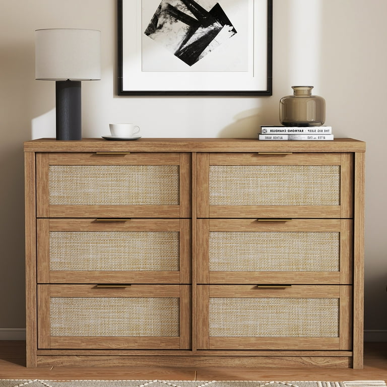 bohemian wood dresser SICOTAS 56.88" Wide 7 Drawer Tall Dressers, Boho Dresser with Oversized Storage Space Rattan Dressers & Chests of Drawer Engineered Wooden Dressers