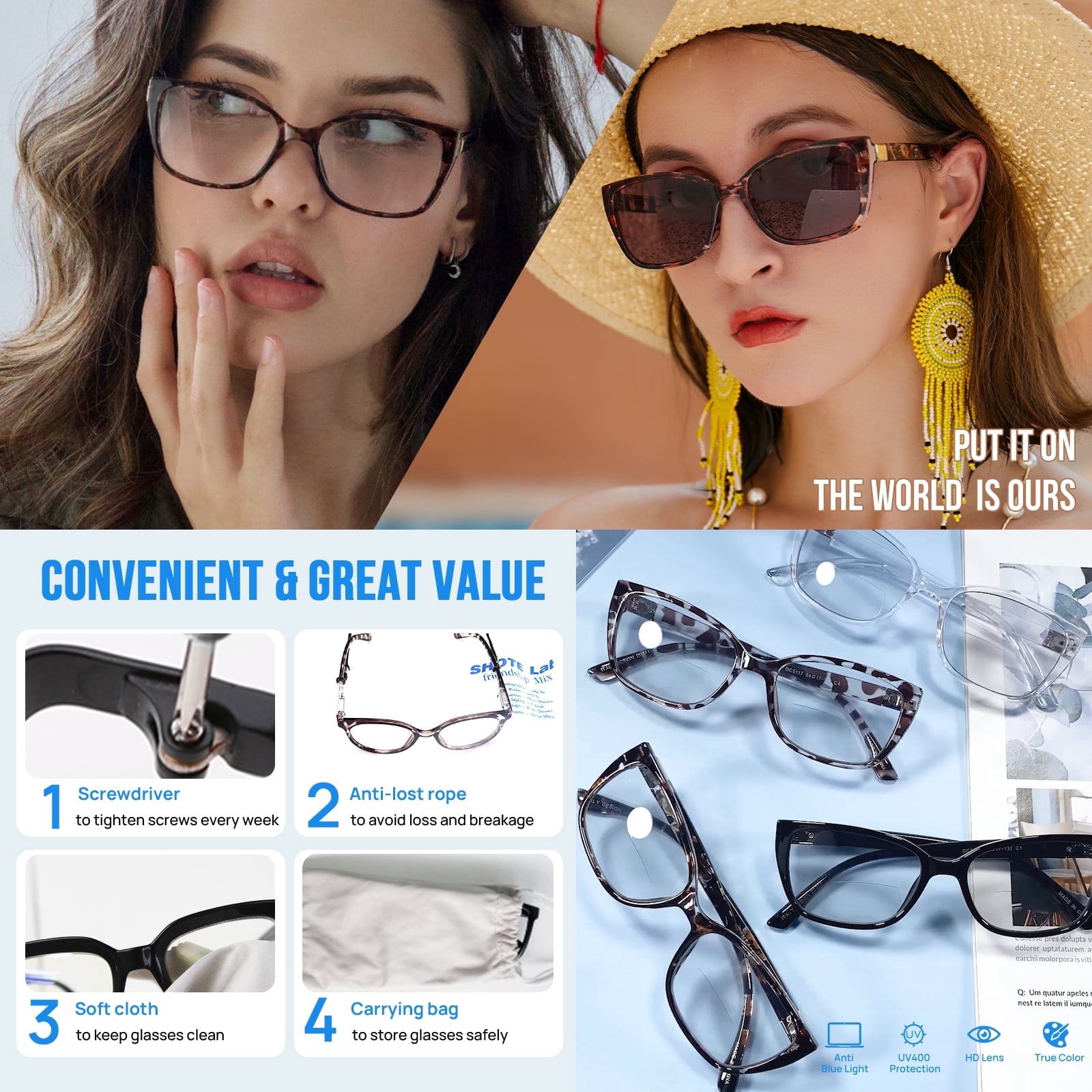 OCCI CHIARI Photochromic Bifocal Reading Glasses for Womens,Large Square Blue Light Blocking & UV400 Protection Sunglasses Readers 100 150 200 250 300 350 400(Brown +2.50)