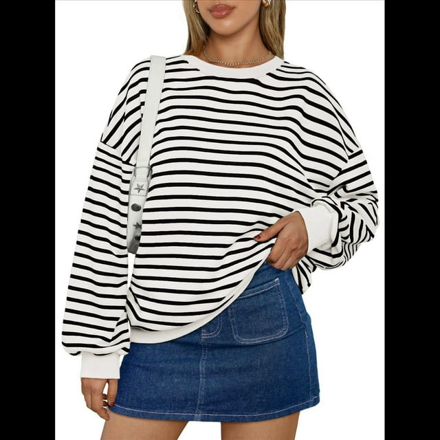 Sudadera de Cuello Redondo A Rayas de Gran Tamaño para Mujer, Jersey de Larga con Bloques de Color, Camiseta Informal Holgada para Hacer Ejercicio, Color , Talla S