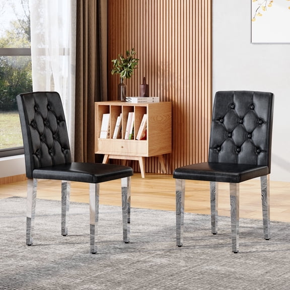 FFZ Set of 2 PU Dining Chairs with Buckle Backrest and Silver Metal Legs, 16.4 x 18 x 35 inch, Black Silver