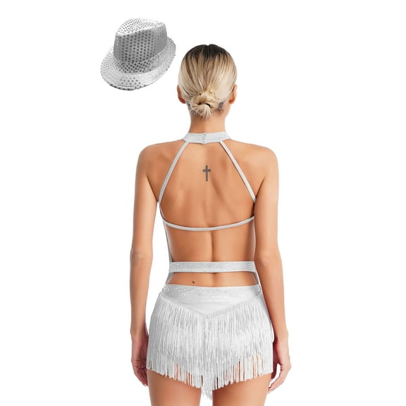Miutii Kids Girls Jazz Latin Dance Leotard Dress Sleeveless Shiny Sequin Tassel Bodysuit with Hat White XL