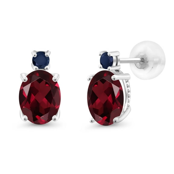 Gem Stone King 14k White Gold Red Rhodolite Garnet and Blue Sapphire Earrings for Women (2.9Cttw, GemstoneJanuary Birthstone, Oval 8X6MM, Round 2.5MM)