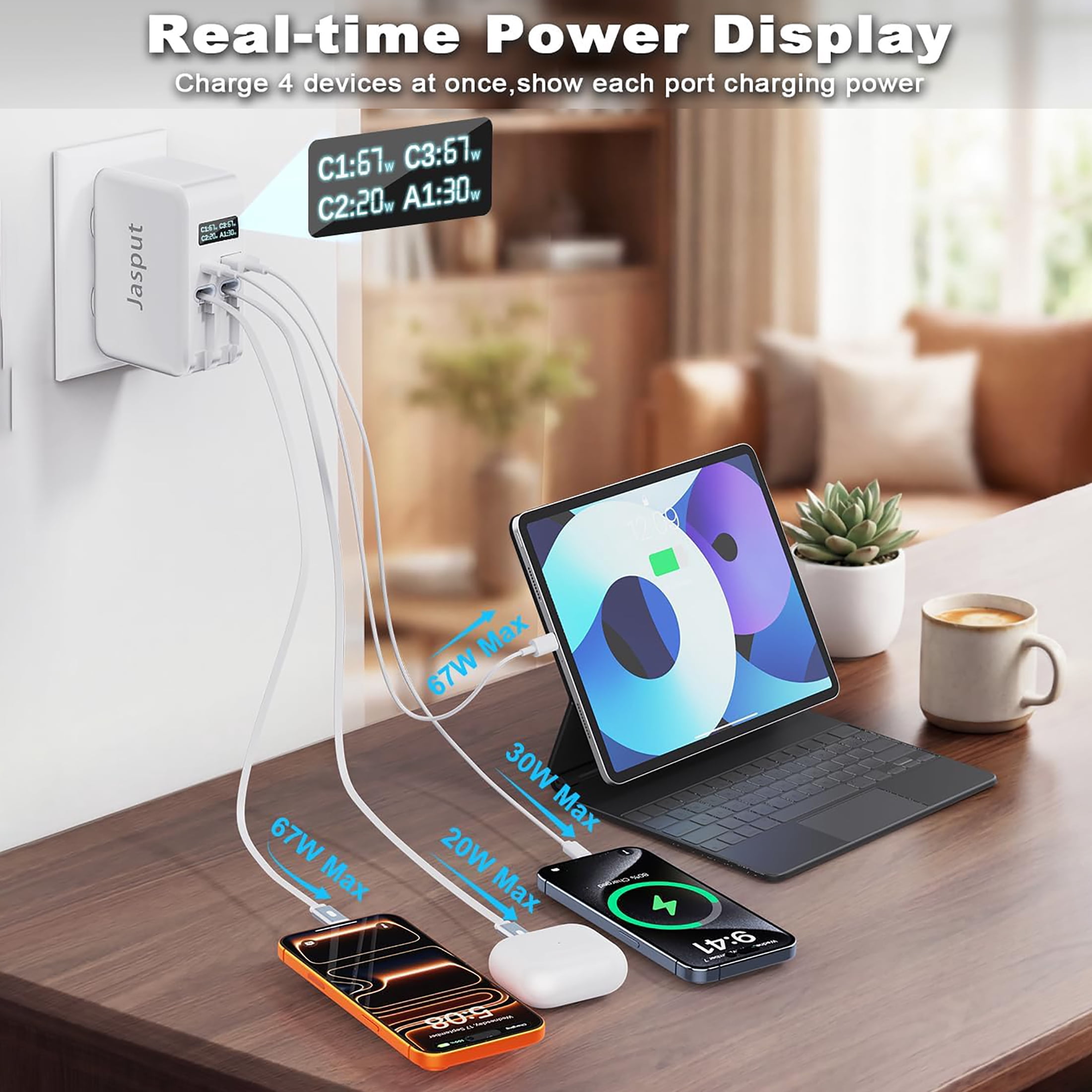 Jasput 67W Retractable Phone Charger Wall Plug,4 in 1 Retractable Wall Charger with Dual Cables &2 Ports&LED Display,PD 30W USB C Fast Charging Block for Phone 17 16 15 Pro Max,Galaxy 25 24, Tablet