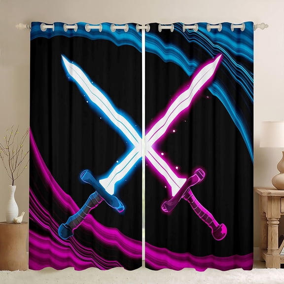 Homewish Boys Lightsaber Curtains Pack of 2 (42x84 Each), Fuchsia Blue Lines Curtains Blackout, Vintage Gaming Theme Bedroom Curtains, Window Curtains Home Decor