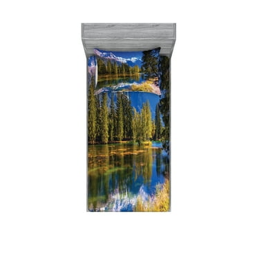 Ambesonne Nature Fitted Sheet & Pillow Sham Set, Snowy Alps Lake Pine, Twin, Green White Blue