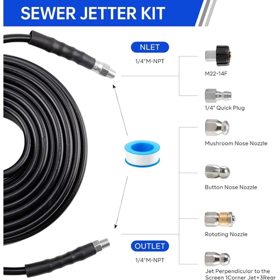 Sewer Jetter Kit 100FT for Pressure Washer