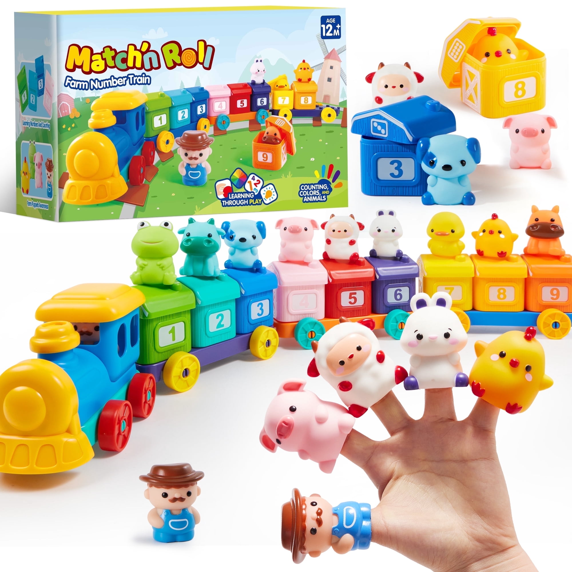 Joyfy Montessori Learning Toys for Toddlers 1 2 3 Years Old, Counting, Matching & Sorting Toy Train with 9 Farm Animals & 1 Farmer Finger Puppets, Christmas Birthday Gift for Baby Boys Girls