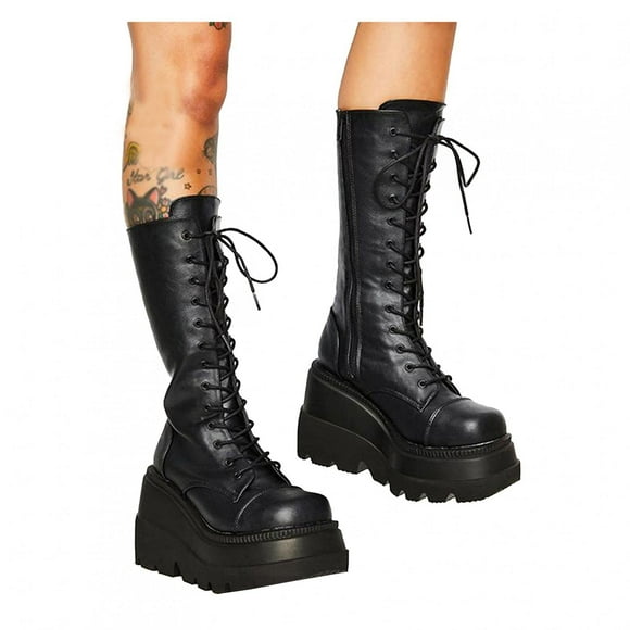 Womens Wedge Platform Mid Calf Boots Punk High Heels Round Toe Back Zipper Shoes Punk Goth Leather Lace Up Vintage Gothic Square Toe Winter Fall Dress Long Boots Shoes for Women Girls