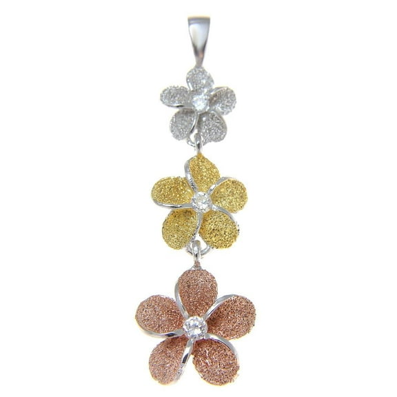 925 sterling silver tricolor gold plated 3 Hawaiian plumeria flower dangle pendant
