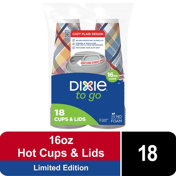 Dixie To Go 16 oz Disposable Paper Cups with Slider Lid, Cozy Plaid, 18 Count