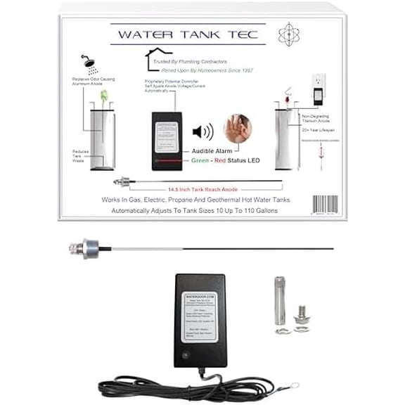 Solid State Self-Monitoring Powered Anode System. Replaces Rotten-Egg Smelling Aluminum Anode. Warranty on Controller & Anode for as long as you own it. For 10 to 110 Gallon Tanks.